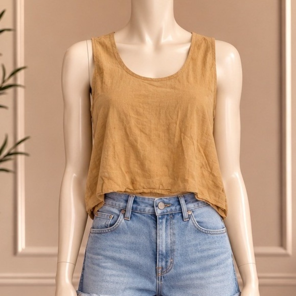 Flax Women Tank Top Sleeveless 100% Linen Solid Mustard Yellow Small